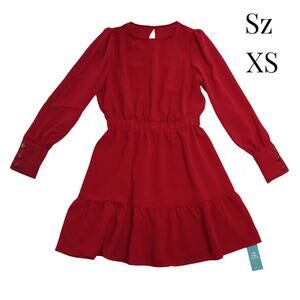 Cupshe Christmas Dress Womens Sz XS Red A-Line Babydoll Long Sleeve Button Cuff